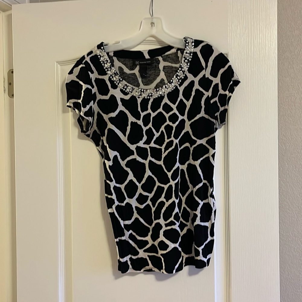 Giraffe pattern shirt with bejeweled neckline